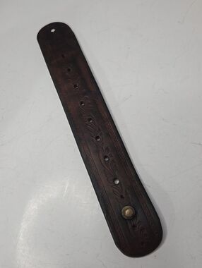 vintage brown leather tooled wrap strap bracelet peg close boho hippie